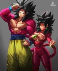 1boy 1girls abs alien_human alien_look_like_human big_breasts breasts cleavage covered_breasts covered_nipples dragon_ball dragon_ball_gt dragon_ball_super elitenappa extraterrestrial extraterrestrial_human female female_saiyan fur kefla male male_saiyan potara_earrings saiyan saiyan_tail son_goku super_saiyan_4 tail tight_pants yellow_eyes young_woman