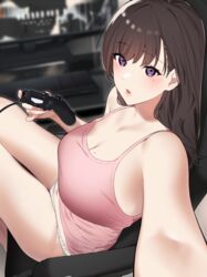 1girls bare_shoulders blush breasts brown_hair busty chair controller female female_only gamer_girl gaming_chair hi_res laptop large_breasts looking_at_viewer mole_on_breast mole_under_eye navel original panties pink_tank_top playing_videogame purple_eyes selfie sitting tank_top thighs underwear white_panties