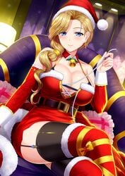 1girls arm_warmers asymmetrical_hair azur_lane bare_shoulders belt big_breasts black_belt black_legwear blonde_hair blue_eyes blush breasts cape_removed christmas cleavage collar collarbone detached_sleeves dress dutch_angle earrings facing_viewer female female_only garter_straps hair_over_shoulder hat highres hood_(azur_lane) indoors jewelry large_breasts legs_crossed light_smile long_hair looking_at_viewer mistletoe neck_bell red_collar red_dress red_legwear santa_costume santa_hat shibata_rai sitting smile solo solo_female thick_thighs thighhighs thighs voluptuous wing_collar