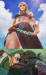 1boy 1girls 4chan abs alternate_costume apu_apustaja blonde_hair blue_lipstick breasts clothed crying fallen_down from_above gerudo_outfit gerudo_outfit_zelda highres large_breasts link long_hair looking_down meme monorirogue muscular muscular_female parody pepe_the_frog pointy_ears princess_zelda queen tears the_legend_of_zelda zelda_(breath_of_the_wild)