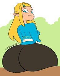 ass big_ass blonde_hair bottom_heavy breath_of_the_wild bubble_butt fat_ass female huge_ass leggings looking_back mythabyss nintendo princess_zelda sideboob sitting smile solo the_legend_of_zelda zelda_(breath_of_the_wild)