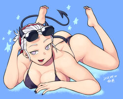 ass ass_up barefoot big_ass big_breasts bikini black_bikini blind breasts cleavage demon_girl demon_horns demon_tail erect_nipples erect_nipples_under_clothes helltaker horns justice_(helltaker) large_breasts looking_at_viewer sanpaku sharp_teeth sunglasses sunglasses_on_head swimsuit tagme tail top-down_bottom-up tsukudani_(coke-buta) white_eyes white_hair