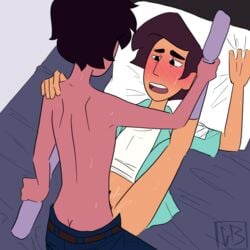 anal_sex blush bottomless_male cartoon_network gay glitter-bite grabbing_pillow jamie_(steven_universe) kevin_(steven_universe) steven_universe topless_male yaoi