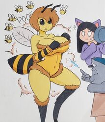 5_fingers antennae anthro anthrofied arthropod arthropod_abdomen arthropod_humanoid bare_shoulders bee_girl bee_humanoid big_breasts black_eyes black_sclera breasts brown_hair clothed clothes clothing covered_navel female hair hips huge_breasts humanoid insect_abdomen insect_girl insect_humanoid insect_wings insects jumneyarts large_breasts monster_girl poof short_hair simple_background standing sting text thick thick_thighs thighs transformation white_background wide_hips