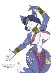 2018 5_fingers anthro areola areola_slip arm_markings armlet_(marking) big_breasts black_nose blue_body blue_fur blue_hair breasts canid canine claws clothed clothing fangs female finger_claws fingers fox fur genitals hair hi_res humanoid_hands inner_ear_fluff krystal looking_at_viewer mammal markings multicolored_body multicolored_fur navel nintendo nipples open_mouth open_smile pussy savageshark signature skimpy smile solo standing star_fox teeth thigh_marking tribal tribal_markings tuft two_tone_body two_tone_fur video_games white_body white_fur white_markings