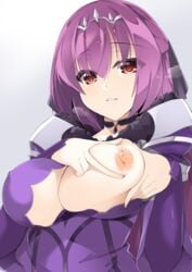 areolae bangs breasts commentary_request dress eyebrows_visible_through_hair fate/grand_order fate_(series) female fur_trim hair_between_eyes head_chain inverted_nipples large_breasts long_hair looking_at_viewer nipples one_breast_out parted_lips purple_dress purple_hair red_eyes sasakura scathach_(fate) scathach_skadi scathach_skadi_(fate) solo spread_nipple tiara upper_body very_long_hair