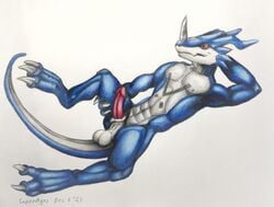 2021 anthro balls bandai_namco colored_pencil_(artwork) digimon digimon_(species) erection exveemon genitals lying male male_only nude on_back penis presenting reptile scalie simple_background smile solo superagro traditional_media_(artwork)