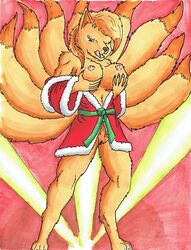 anthro aroused bathrobe breasts canid canine christmas christmas_clothing clitoris clothing exposed_breasts female fox fur genitals holidays mammal ninetales nintendo nipples nyghtmar3 pinup pokémon_(species) pokémorph pokemon pose pussy robe simone simple_background solo traditional_media_(artwork) video_games yellow_body yellow_fur