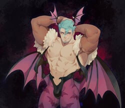 abs absolum adonis_belt arm_sleeves bara bare_chest batwings big_bulge blue_hair bulge capcom clothing darkstalkers demon demon_boy facial_hair fit fit_male genderswap_(ftm) green_hair head_wings incubus male male_only manly morrigan_aensland muscular muscular_male nipples pantyhose partially_clothed pinup pinup_pose rule_63 smile smirk thong toned toned_body toned_male