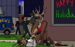 anthro antlers big_penis blonde_hair blush bodily_fluids breast_grab breast_growth breasts brown_body brown_fur brown_hair capreoline cervid city city_background closed_eyes clothing contagious crotch_breasts crotchboobs cuntboy cuntboy_transformation dress eye_roll from_front_position ftm_transformation fur futa/male gender_transformation genital_fluids genitals goldengryphon group growth hair hand_on_breast hand_on_stomach holidays hooves horn human_to_anthro intersex lactating looking_pleasured lying male male_to_cuntboy male_with_breasts mammal missionary_position mti_transformation necktie news nipples on_back party penetration penis public public_sex pussy pussy_juice raised_leg red_clothing red_dress reindeer sex species_transformation stomach_bulge suit torn_clothing transformation vaginal_penetration white_body white_fur