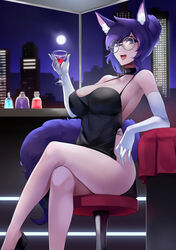 000ink 1girls big_breasts black_dress black_footwear breasts building choker cleavage commission dress female female_only footwear glasses gloves hair_bun holding_object kemonomimi long_gloves long_hair looking_at_viewer mitsuki_(hanns33694210) moon night noir_(4chan) open_mouth original original_character purple_ears purple_eyes purple_hair purple_tail seat sideboob sitting solo solo_female thick_thighs thighs white_gloves window wine wolf_ears wolf_girl wolf_tail