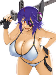 bikini breasts checkered_necktie cleavage covered_nipples eyepatch female headgear holding holding_sword holding_weapon huge_breasts kantai_collection kawanuma_uotsuri looking_at_viewer necktie open_mouth purple_hair remodel_(kantai_collection) shiny shiny_hair shiny_skin short_hair simple_background solo swimsuit sword tenryuu_(kantai_collection) weapon white_background white_bikini yellow_eyes