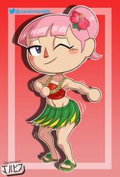 1girls 2021 animal_crossing animal_crossing_girl blue_eyes clothing dancing digital_media_(artwork) female female_only flip_flops flower flower_in_hair flower_necklace grass_skirt half-closed_eye hula jackintaro joy_(jackintaro) light-skinned_female light_skin looking_at_viewer nintendo pink_hair ponytail sandals skirt solo summer tied_hair topwear villager_(animal_crossing) wink