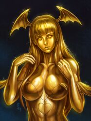 capcom cleavage clothed clothing darkstalkers female gold_(metal) gold_statue golden metal metal_body metal_transformation metallic metallic_body morrigan_aensland nathdeviant456 petrification small_breasts statue statuefication statuefied statuetransformation succubus transformation