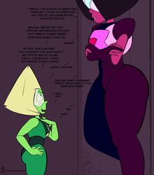 big_thighs blushing cartoon_network challenge crystal_gem dominant female female_only garnet_(steven_universe) green_skin mrswindle94 nervous nervous_smile peridot_(steven_universe) size_difference steven_universe tagme text tsundere