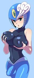 bare_shoulders big_breasts blue_background breast_grab breast_hold breasts dickgirl edit futa_only futanari hips hourglass_figure humanoid jiayulong large_breasts looking_at_viewer mega_man mega_man(classic) simple_background solo splash_woman teasing thick thick_thighs thighs wide_hips