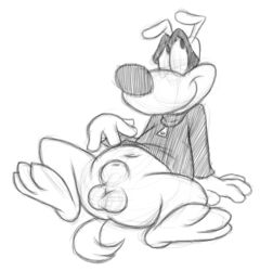 anthro bottomless canine chip_the_dog cookie_crisp furry ladysomnambule male mascot mask monochrome sheath sheathed sitting solo