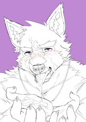 absurd_res anthro blush bodily_fluids canid canine canis cum cum_in_mouth cum_inside cum_on_hand domestic_dog genital_fluids hi_res ioenami88 lifewonders line_art live-a-hero male male_focus male_only male_solo mammal pubraseer purple_background purple_eyes simple_background solo_male video_games