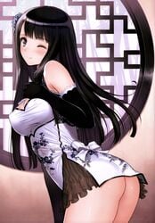 absurdres black_hair blush bottomless breasts butt_crack chinese_clothes cleavage doujinshi elbow_gloves female frills gloves hand_on_own_chest highres long_hair one_eye_closed palm_tree purple_eyes scan smile solo taka_tony tree upskirt window