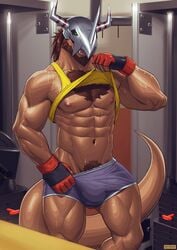 2021 abs after_exercise anthro armor bandai_namco barazoku beard big_bulge big_muscles bodily_fluids body_hair bottomwear bulge chest_hair clothed clothing digimon digimon_(species) facial_hair fan_character fingerless_gloves gloves hair handwear headgear helmet hi_res horn inside locker_room male male_only muscular muscular_anthro muscular_male navel nipples obliques pecs pubes raised_clothing raised_shirt raised_tank_top raised_topwear raythefox shirt shorts smile solo standing sweat tank_top topwear undressing wargreymon