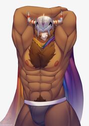 2021 abs absurd_res anthro armor arms_above_head bandai_namco beard big_muscles body_hair bulge cape chest_hair clothing condom condom_in_mouth digimon digimon_(species) facial_hair fan_character front_view happy_trail headgear helmet hi_res horn inviting lgbt_pride looking_at_viewer male male_only muscular muscular_anthro muscular_male navel nipples obliques pecs pride_colors pubes rainbow_flag rainbow_pride_flag rainbow_symbol sexual_barrier_device simple_background smile solo standing sush1d0g3 teeth thong underwear wargreymon white_background