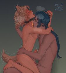 albedo_(genshin_impact) anal_penetration anal_sex blue_hair collar gay_sex genshin_impact hair_grab hugging kaeya_(genshin_impact) leaking_precum licking_neck male male_only necklace open_mouth riding scars shaking_butt tongue_out vam_pipets wolf_boy wolf_ears wolf_tail yaoi