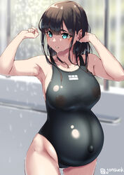 aqua_eyes armpits big_breasts black_swimsuit blue_eyes brown_hair dark_hair female female_only jonsun long_hair mole_under_eye nipples_visible_through_clothing one-piece_swimsuit original pregnant sideboob solo swimsuit third-party_edit wet wet_hair wide_hips