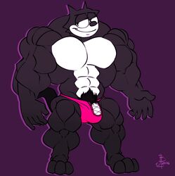 2016 abs anthro bbulala black_fur dreamworks feline felix_the_cat felix_the_cat_(series) furry hyper hyper_muscles male male_only pubic_hair purple_background smile solo tail universal_studios