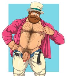 1boy 2d 2d_(artwork) balls bara baradok beard brown_hair buff chest_hair clothed clothes dark_eyes facial_hair gay growlygruntz hairy hat holding_shirt looking_at_viewer male male_only muscle muscles muscular muscular_male nipples penis penis_out shalulu solo standing studio_ghibli undressing