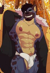 1boy 2021 abs absurd_res anthro biceps black_body black_fur black_hair black_spots blue_body blue_fur briefs bulge clothed clothing detailed_bulge erection eyebrow_piercing facial_hair facial_piercing fangs flashing front_view fur genital_outline goatee green_eyes hair hi_res hyaenid jacket male male_only mammal multicolored_body multicolored_fur muscular muscular_anthro muscular_male navel navel_piercing nipples open_mouth open_smile outside pecs penis_outline piercing pinup portrait pose quads sharp_teeth smile solo spots spotted_body spotted_fur standing teeth three-quarter_portrait topwear triceps two_tone_body two_tone_fur underwear white_briefs white_clothing white_underwear wolfybuns