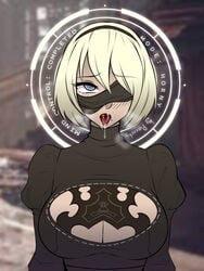 1girls ahegao blindfold brainwashing drool femsub hacked hacking horny_female hypnosis mind_control nier:_automata open_mouth porniky robot_girl short_hair solo spiral_eyes tagme text tongue tongue_out white_hair yorha_2b