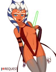 1girls ahsoka_tano alien belly_button blue_eyes body_markings clone_wars dzyer faceless gloves hair_ornament lightsaber looking_at_viewer nipple nipple_bulge sling_bikini small_breasts solo star_wars teenager the_clone_wars:_season_one thigh_gap thighhighs togruta weapon