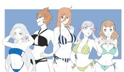 5girls big_breasts bikini black_clover blue_eyes blush breasts fan_character female female_only green_eyes green_hair long_hair medium_breasts mereoleona_vermillion mimosa_vermillion multiple_girls noelle_silva oc orange_hair original_character original_characters pi_koneko purple_eyes red_eyes royal short_hair silver_hair small_breasts smile smiling swimsuit thick_thighs thighs twintails white_hair yellow_eyes