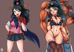 1boy 1girls before_and_after big_breasts big_penis bimbo blush bra color condom female green_eyes gyakuten_saiban gyaru handcuffs highres kay_faraday large_penis male piercing police_uniform revolverwingstudios sex_toy tongue_out used_condom veiny_penis wide_hips