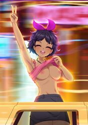 1girls black_hair breasts car closed_eyes crush_crush female female_focus female_only flashing flashing_breasts game_cg lotus_(crush_crush) nipples nutaku open_mouth peace_sign sad_panda_studios smile smiling top_lift