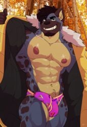 2021 abs anthro biceps black_body black_fur black_hair black_spots blue_body blue_fur briefs bulge clothed clothing detailed_bulge erection eyebrow_piercing facial_hair facial_piercing fangs flashing front_view fur genital_outline goatee green_eyes hair hi_res hyaenid jacket male male_only mammal multicolored_body multicolored_fur muscular muscular_anthro muscular_male navel navel_piercing nipples open_mouth open_smile outside pecs penis_outline piercing pink_briefs pinup portrait pose quads sharp_teeth smile solo spots spotted_body spotted_fur standing teeth three-quarter_portrait topwear triceps two_tone_body two_tone_fur underwear wolfybuns