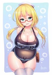 arms_behind_back big_breasts blonde_hair cleavage cute_fang doyouwantto female female_only glasses huge_breasts i-8_(kantai_collection) kantai_collection long_hair nipple_bulge one-piece_swimsuit pregnant red_glasses sailor_hat school_swimsuit shiny_skin smile solo swimsuit teal_eyes thick_thighs thighhighs third-party_edit twintails white_legwear white_thighhighs wide_hips zettai_ryouiki