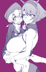 2girls bare_shoulders blush breasts collar highres hohehohe huge_breasts kantai_collection monochrome multiple_girls mutsu_(kantai_collection) navel purple_theme sailor short_hair smile z1_leberecht_maass_(kantai_collection)