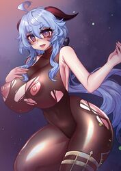 1girls adeptus angry bare_arms bare_shoulders belly_button big_breasts black_bodysuit black_legwear black_leotard blue_hair blush bodystocking bodysuit breast_expansion breasts clothed_female clothing detached_sleeves female female_only ganyu_(genshin_impact) genshin_impact goat_horns hair_between_eyes hand_on_breast horns long_hair nipples osiimi purple_eyes qilin ripped_clothing ripped_pants shiny_skin sideboob skin_tight solo thick_thighs thighs tight_clothing