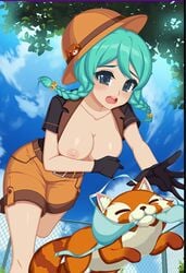 1girls amelia_(crush_crush) big_breasts bra breasts clothed clothed_female clothing clouds crush_crush female female_focus green_hair nipples nutaku red_panda sad_panda_studios sky