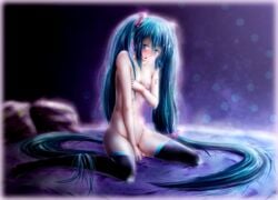 1boy bed blue_eyes blue_eyes_male blue_hair blue_hair_male blush covered_nipples covering_penis embarrassed embarrassed_nude_femboy embarrassed_nude_male femboy genderswap_(ftm) hatsune_miku legwear male male_only messy_hair mostly_nude mostly_nude_male nipples penis pillow rule_63 shy small_penis solo tears trap twintails twintails_male vocaloid