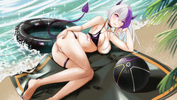 absurdres ass bangs big_ass big_breasts big_butt bikini blonde_hair blue_eyes blush breasts demon demon_girl demon_horns demon_tail female from_side fxo8 highres huge_ass long_hair looking_at_viewer medium_breasts naisei original sideboob smile solo streaked_hair sweat tail tattoo