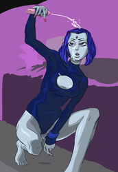 archimedes_(artist) cum dc dc_comics disembodied_penis female forehead_jewel handjob partial_male penis purple_hair rachel_roth raven_(dc) squatting straight_hair tagme teen_titans