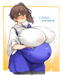 bangs blush breasts brown_hair covered_erect_nipples curvy female gigantic_breasts hakama japanese_clothes kaga_(kantai_collection) kantai_collection kimono looking_at_viewer medium_hair pregnant puffy_areolae sachito side_ponytail solo thick_thighs thighs wide_hips yellow_eyes