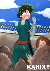 1boy 1girls ass being_watched big_ass bodypaint canonical_scene clothed clothing embarrassed female fully_clothed izuku_midoriya kahix light-skinned_male light_skin looking_at_viewer looking_back male male_focus my_hero_academia nosebleed ochako_uraraka painted_clothes pale_skin