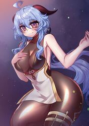 1girls adeptus bare_arms bare_shoulders belly_button black_bodysuit black_legwear blue_hair blush bodystocking bodysuit breasts clothed_female clothing detached_sleeves female female_only ganyu_(genshin_impact) genshin_impact goat_horns hair_between_eyes hand_on_breast horns long_hair medium_breasts osiimi purple_eyes qilin shiny_skin sideboob skin_tight solo thick_thighs thighs tight_clothing