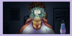 1futa breasts brown_eyes brown_hair cleavage clothed clothing curly_hair dark-skinned_futanari dark_skin entlessga fully_clothed futa_only futanari gigantic_breasts gigantic_penis headset huge_breasts human implied_futanari peeping sitting solo webcam