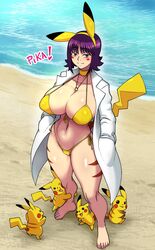 1girls 2021 alternate_breast_size animal_ears beach big_breasts bikini blush blush_stickers breasts brown_eyes coat curvaceous digital_media feet female fit_female huge_breasts human imminent_sex kawa-v lab_coat light-skinned_female light_skin looking_at_viewer micro_bikini neckband necklace nintendo no_penetration pale-skinned_female pale_skin philena_ivy pikachu pikachu_(cosplay) pokemon pokemon_(cosplay) pokemon_professor pokemon_rgby purple_hair seaside short_hair solo_focus standing surrounded tagme tail text thick_thighs venus_body voluptuous water wide_hips