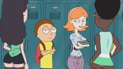 1boy 3girls accurate_art_style ass_slap blonde_hair diklonius edit female grace_smith_(rick_and_morty) holly_hooks hourglass_figure huge_ass jessica_(rick_and_morty) male morty_smith multiple_girls panties red_hair rick_and_morty screenshot_edit skirt