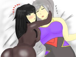 2girls ass bangs big_ass black_eyes black_hair blush bodystocking breasts closed_eyes cuddling female_only fire_emblem fire_emblem_awakening full_bodystocking grey_hair group_sleeping hakoxeees hug large_breasts long_hair multiple_girls nintendo open_mouth robin_(fire_emblem) robin_(fire_emblem)_(female) sleeping tharja_(fire_emblem) yuri zzz